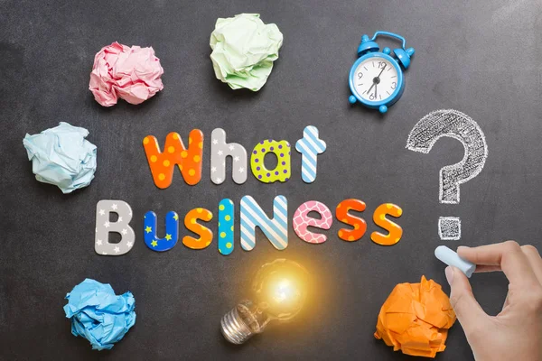 What Business Start Question Blackboard Colourful Letters Crumpled Paper Light — Stock Photo, Image