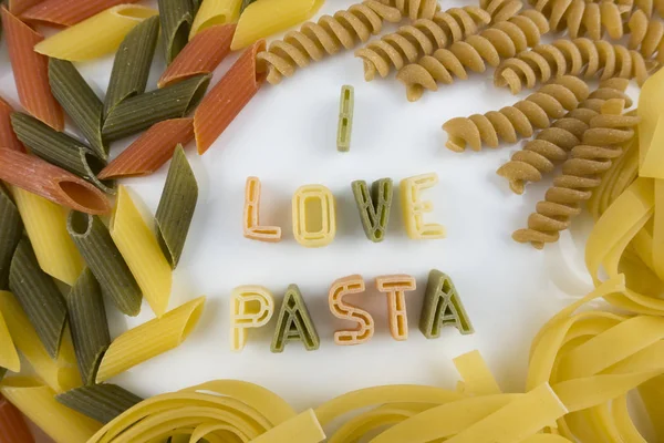 Love Pasta Text White Plate Colourful Pasta Letters — Stock Photo, Image