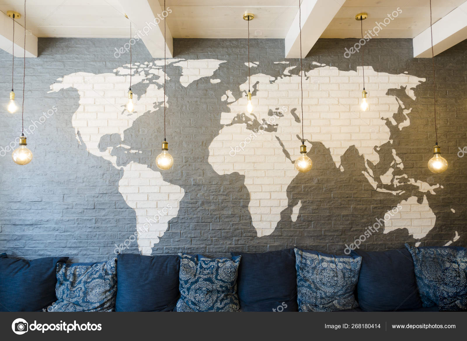 World Map Decoration Wall Light Bulbs Public Space Stock Photo