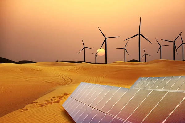 Énergie Concept Nature Avec Éoliennes Panneaux Solaires Dans Désert Sable — Photo