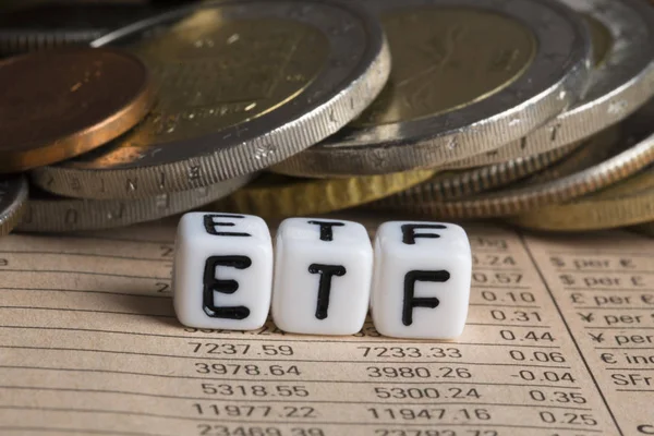 Etf Exchange Traded Fund Concept Pile Coins Newspaper — Stock Photo, Image