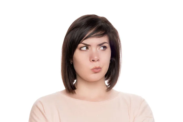 Mujer en duda. morena linda sobre fondo aislado blanco —  Fotos de Stock