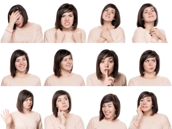 Emozioni di una ragazza collage su uno sfondo bianco isolato. Mosaico di donna con lentiggini che esprimono diverse emozioni espressioni — Foto Stock