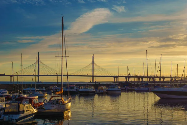 Beautiful Sunset Marina Yachts Several Yachts Beautiful Bridge Sunset Background — Stock Photo, Image