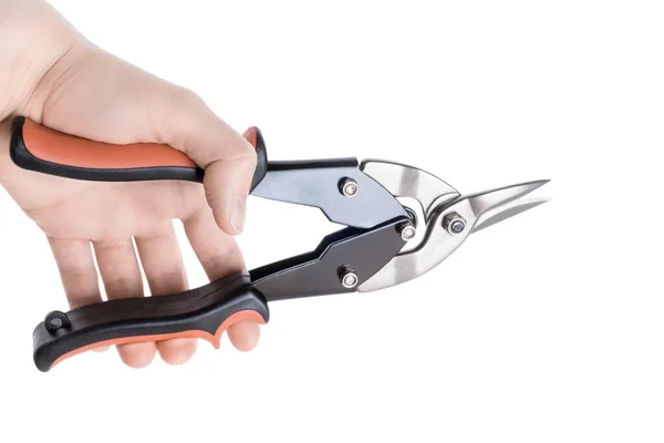 Hand Holding Scissors Cutting Metal Isolated White Shears Steel Plate — Stock Photo, Image