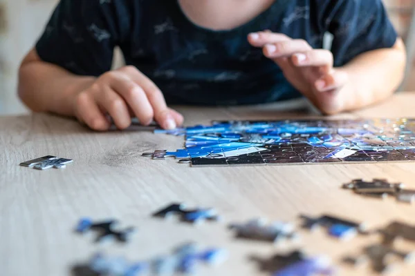 Boy Raises Small Puzzle Childhood Development — Stock Photo, Image