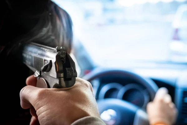 Man Threatens Gun Car Criminal Took Man Hostage Criminal District — Stock Photo, Image