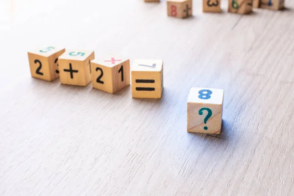 Wooden Cubes Numbers Teaching Child Preschool Age Mathematics Question Mark — Stock Photo, Image