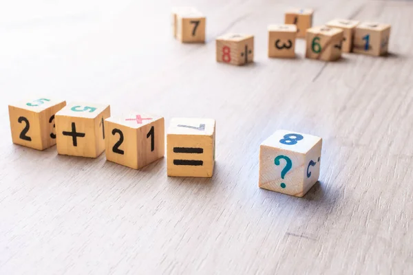 Wooden Cubes Numbers Teaching Child Preschool Age Mathematics Question Mark — Stock Photo, Image