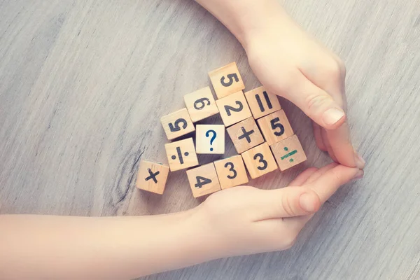 Wooden Cubes Numbers Teaching Child Preschool Age Mathematics Question Mark — Stock Photo, Image