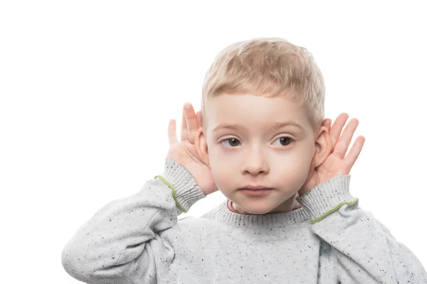 Uma Criança Idade Pré Escolar Não Ouve Bem Problemas Auditivos — Fotografia de Stock
