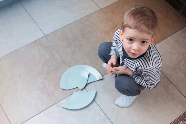 Niño Rompió Los Platos Caído Suelo Pequeño Mocoso — Foto de Stock