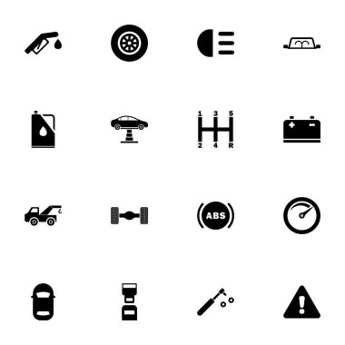 Araba simgesi - herhangi bir boyuta genişlet - herhangi bir renge değiştir. Mükemmel Düz Vektör çekici kamyon, hız göstergesi, karın kası, tekerlek, dingil, yağ kutusu, vites kutusu, asansör, pil, emniyet kemeri, yakıt hortumu gibi simgeler içerir