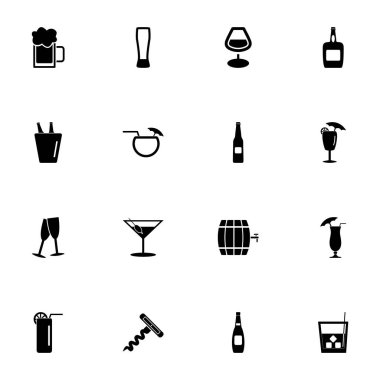 Alkolik simge - herhangi bir boyuta genişlet - herhangi bir renge değiştir. Mükemmel Düz Vektör, eş, konyak, cam, şişe, şarap kadehi, viski, fıçı, martini, kova, buz kokteyli ve daha fazlası gibi ikonlar içerir