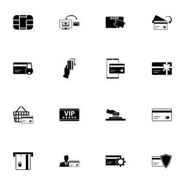 Kredi kartı simgesini herhangi bir boyuta genişlet - herhangi bir renge değiştir. Mükemmel Düz Vektör, VIP, sepet, hediye, domuz kumbarası, çip terminali, koruma parası, transfer, engellenmiş işlem gibi simgeleri içerir
