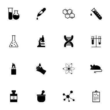 Kimyasal simge - herhangi bir boyuta genişlet - herhangi bir renge değiştir. Kusursuz Düz Vektör mikroskop, DNA, deneysel fare, deney araştırması, zehir şişesi, test tüpü, pipet, havan topu gibi simgeler içerir.