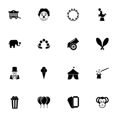 Sirk simgesi - herhangi bir boyuta genişlet - herhangi bir renge değiştir. Mükemmel Düz Vektör palyaço, top, maymun, fil, kürk foku, sihirbaz, hokkabazlık, pop korn kutusu, dondurma, bilet, çadır gibi simgeleri içerir