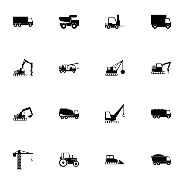 Construction Vehicles icon - Expand to any size - Change to any colour. Perfect Flat Vector Contains such Icons as building crane, asphalt paver, drilling car machine cement truck, excavator bulldozer