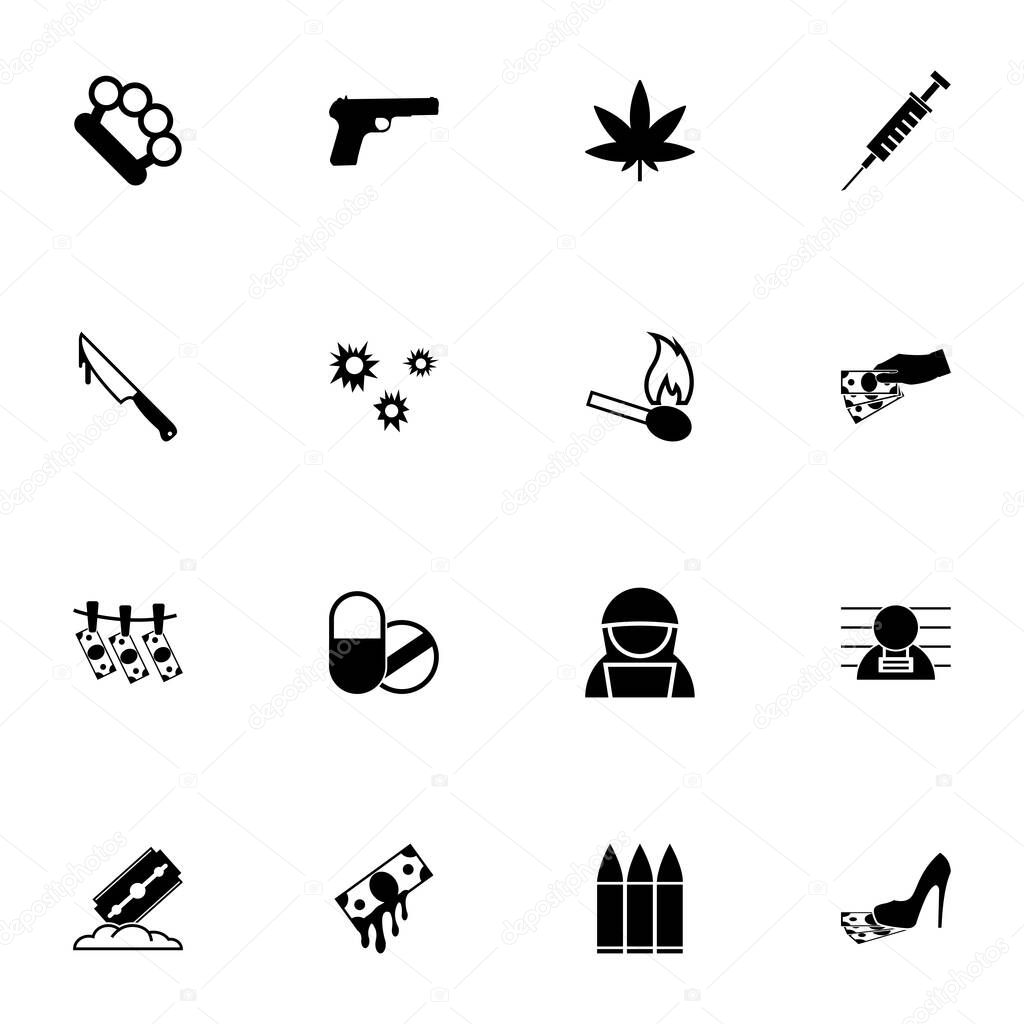 Crime icon - Expand to any size - Change to any colour. Perfect Flat Vector Contains such Icons as hacker, marijuana leaf, cocaine, prostitution, bribe, drugs, blood money, villain, gun weapon, bullet
