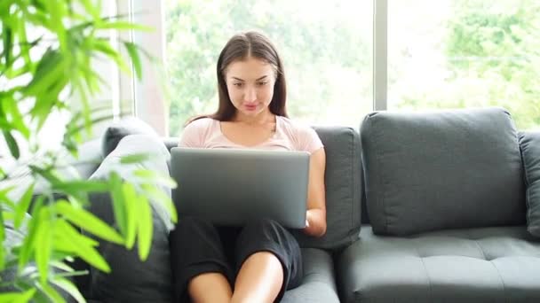 Trabalho Partir Conceito Casa Senhora Feliz Conversando Computador Navegando Internet — Vídeo de Stock