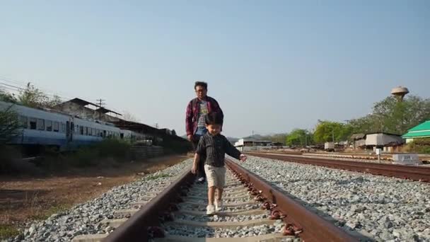 Man His Son Traveller Backpacker Walks Alone Railway — Stock Video