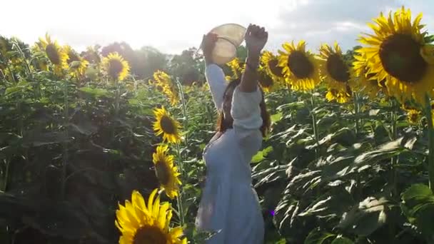 Молода Жінка Яка Подорожує Соняшникових Полях Щастям Під Час Сходу — стокове відео