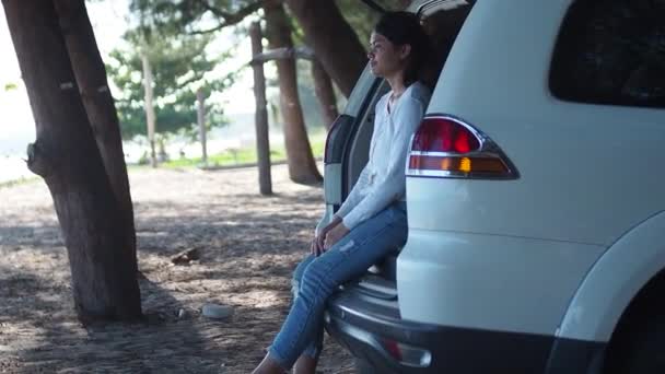 旅行車のコンセプト 幸せな一人の若い女性旅行者ビーチでとハッチバック車に座って — ストック動画