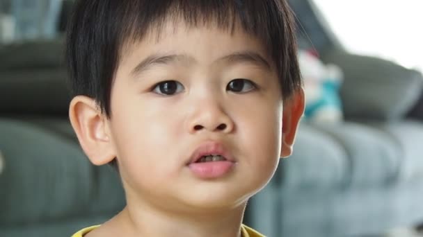 Asiatisk Pojke Små Barn Pojke Ögonkontakt Till Kameran — Stockvideo