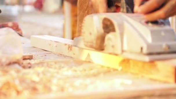 Carpenter Working Using Electric Planer — Stock Video