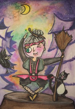 Baba Yaga bir kedi ve bir karga ile