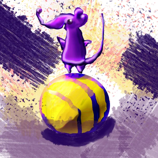 노란 공 위에 있는 작은 라일락 쥐. — 스톡 사진