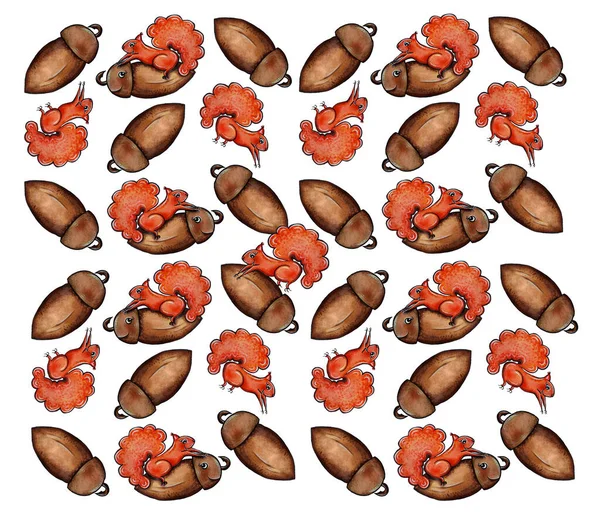 Illustration of pattern of a cheerful squirrel with an acorn. It is used in the design of postcards, books and children\'s screensavers, collages. Images on t-shirts.