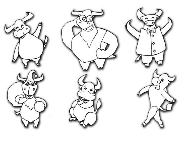Bir grup eğlenceli beyaz boğa. Yüksek kalite çizim. Kartpostalların, kitapların, tatillerin, sunumların tasarımında kullanılır..