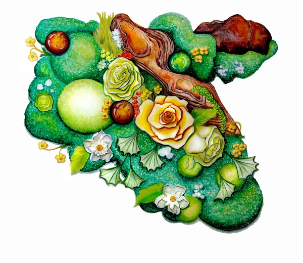 Desenho Canto Verde Com Rosas Pedras Ilustração Alta Qualidade Verduras — Fotografia de Stock