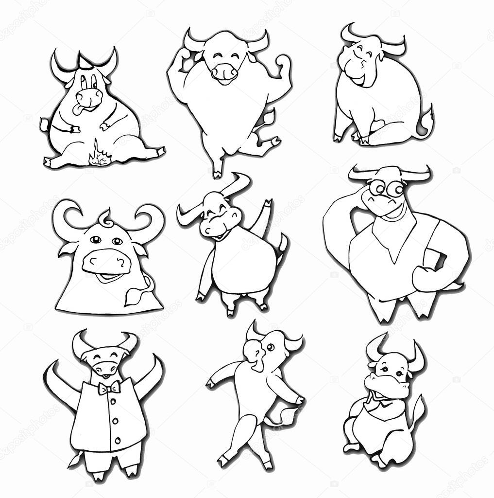 Set of fun graphic bulls white. High quality illustration.