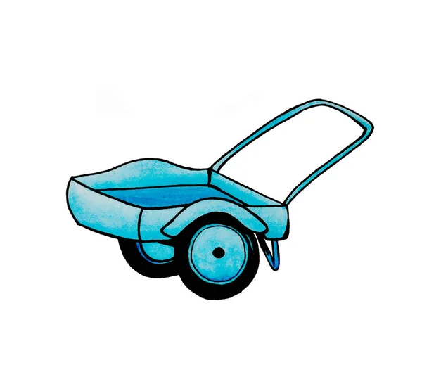 Garden Set 'te mavi el arabası. Yüksek kalite çizim. Bahçe dergileri, reklam broşürleri, tablolar ve renkli kağıt peçetelerde kullanılır.. 
