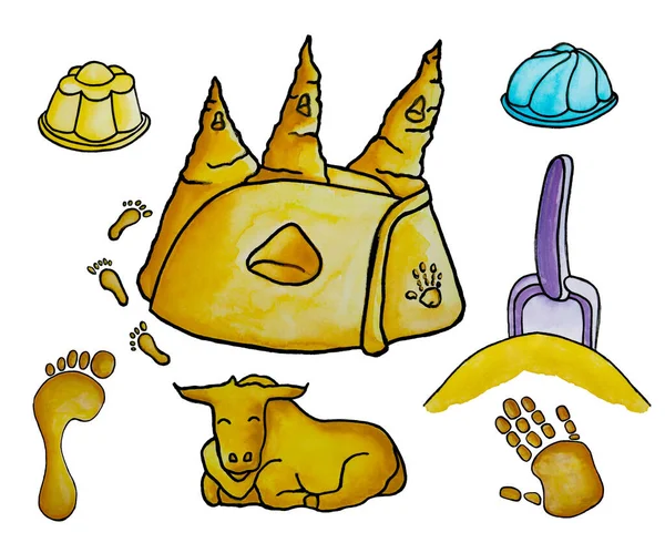 Kumdan kale ve kumlu set. Yüksek kalite çizim. Güzel, şık bir doku. Kartpostal, kitap, tatil davetiyesi, yeni yıl ve düğünlerde kullanılır..