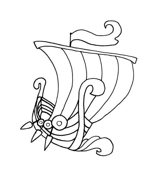 Grafiksel resimde bir Viking gemisi. Yüksek kalite çizim. Renkler, dövmeler ve parmak izleri için kullanılır..