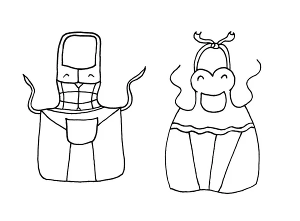 Grafiklerde kadınlar ve erkekler için önlük ayarlandı. Yüksek kalite çizim. Moda tasarımı için güzel bir yakın plan portre. Yeni evliler için olumlu bir kıyafet. Eğlenceli yemek. Mutlu, neşeli genç bir kadın.