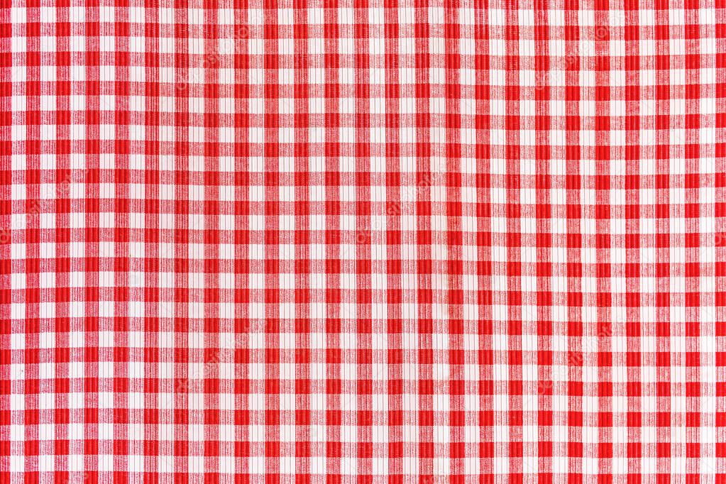 Red and white abstract checkered background, tablecloth, fabric texture