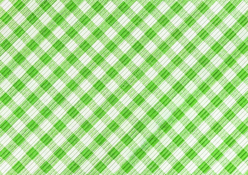 Green and white abstract checkered pattern background, picnic tablecloth, square fabric texture