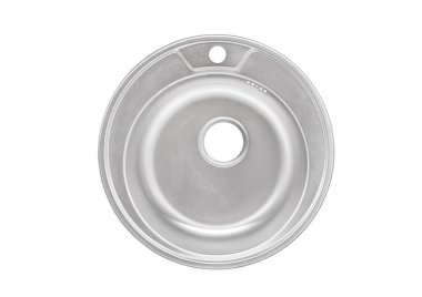 Yeni modern gümüş metal yuvarlak lavabo beyaz arka planda izole, üst görünüm