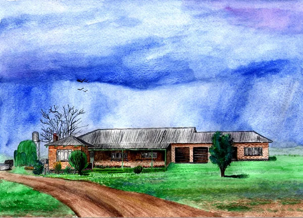 Gouache Landscape painting of a farm
