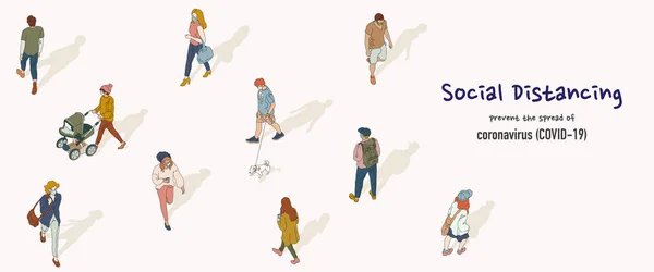 Sosyal uzaklık konseptinin taşıyıcı bayrağı. İnsanlar COVID-19 'dan korunmak için birbirlerinden uzak duruyorlar. El çizimi biçim illüstrasyonu.