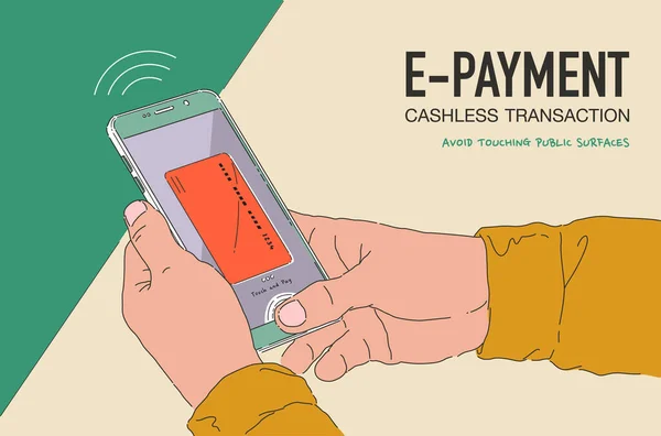 E-ödeme afişinin vektör illüstrasyonu. Telefonla ve bağlı kredi kartıyla ödeme yapan çevrimiçi bir cep telefonu. Halka açık yerlere dokunmamak için yeni normal yaşam tarzı. 