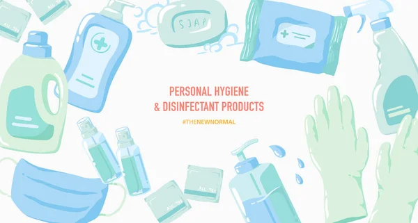 Vector Illustration Personal Hygiene Disinfectant Products Banner — Stock Vector