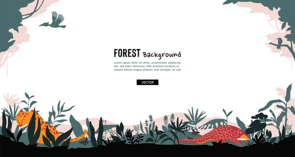 Vector Illustration Forest Background Copy Space Text 동물로 뒤덮인 — 스톡 벡터