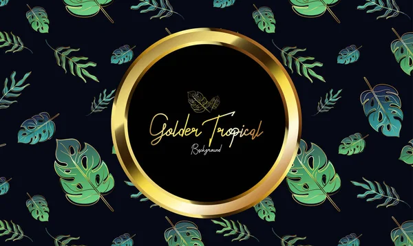 Golden Tropical Leaves Hintergrund Mit Goldkreis Kann Für Hochzeitseinladung Cover — Stockvektor
