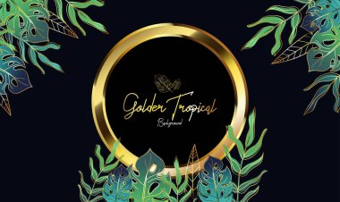 Golden Tropical Leaves background with gold circle ,can use for wedding invitation, cover book, card vector illustration clipart