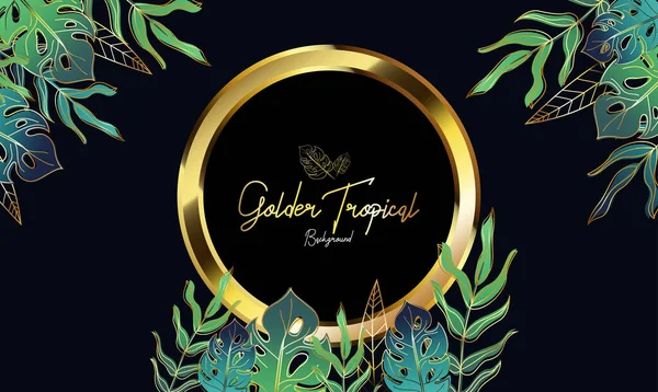 Golden Tropical Leaves Hintergrund Mit Goldkreis Kann Für Hochzeitseinladung Cover — Stockvektor